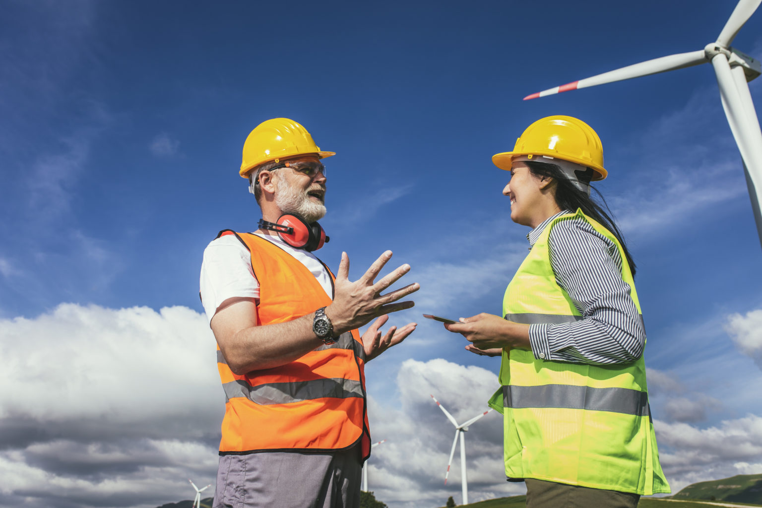 Windmill engineer inspection and progress check wind turbine at construction site